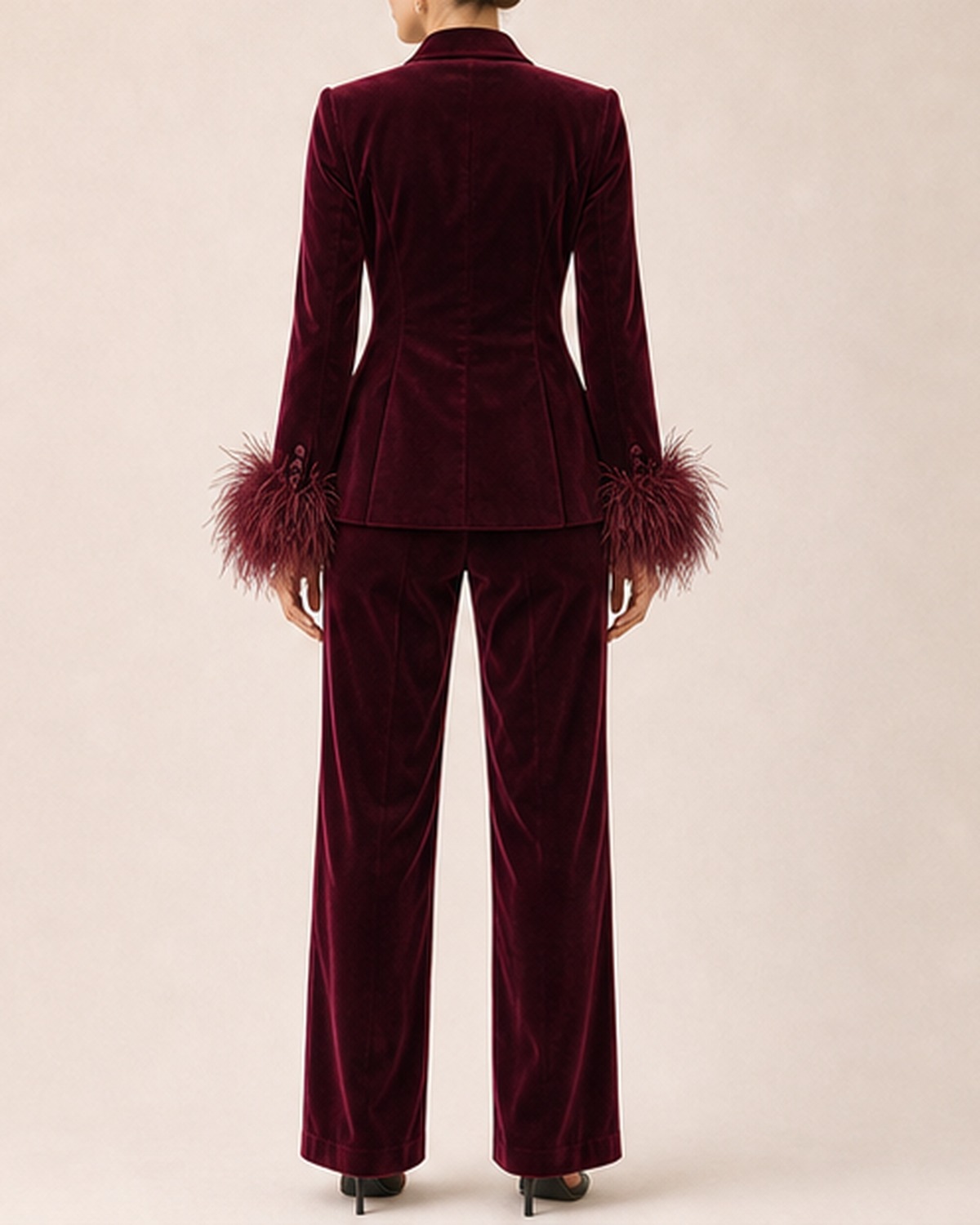Burgundy Feather Velvet Suit Set