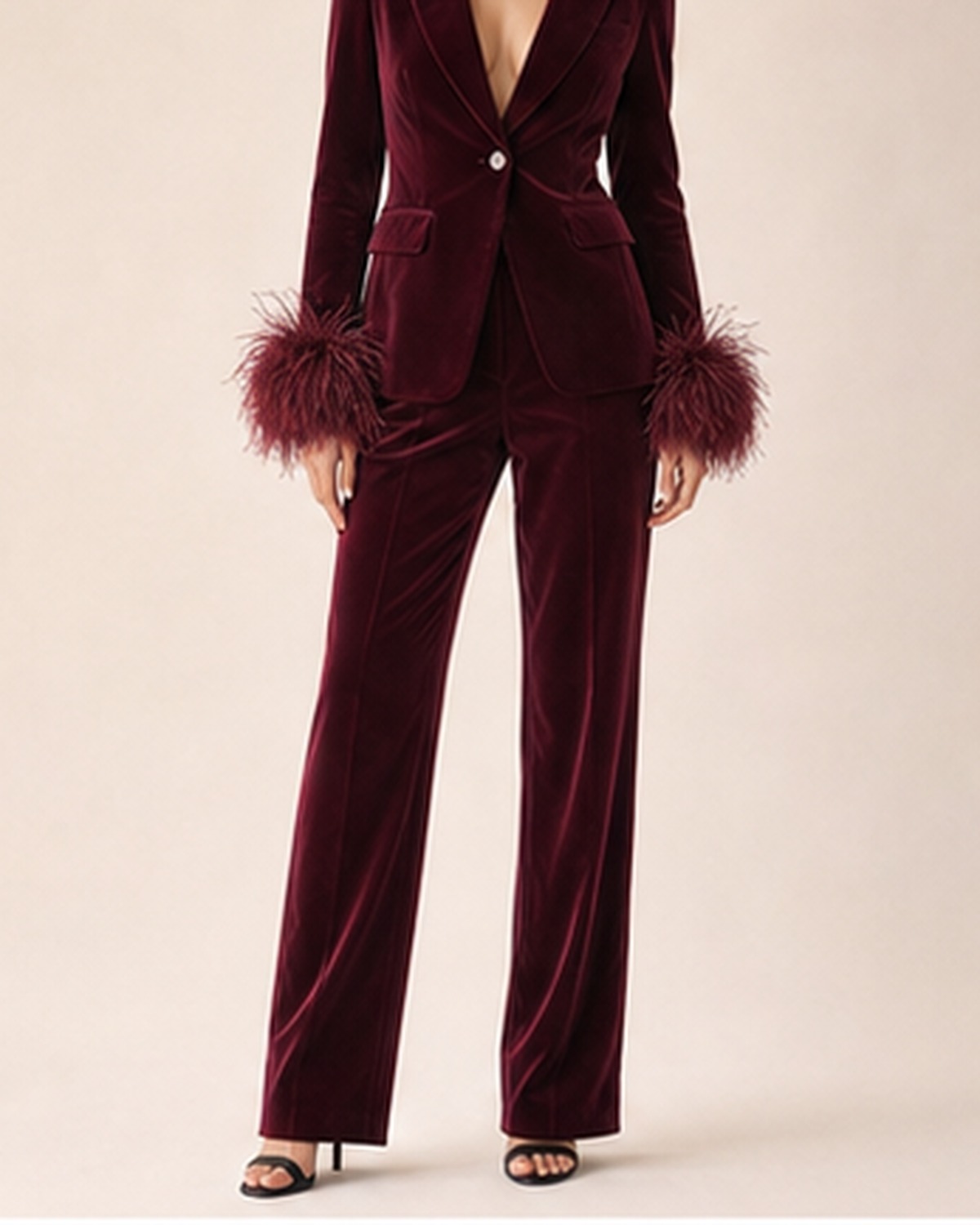 Burgundy Feather Velvet Suit Set