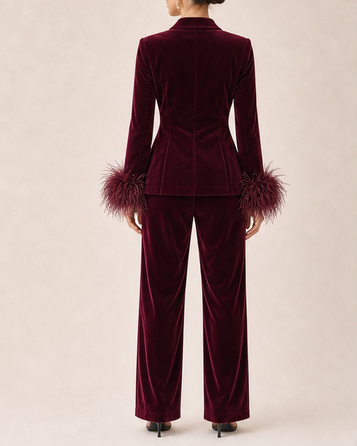Burgundy Velvet Feather Suit Set