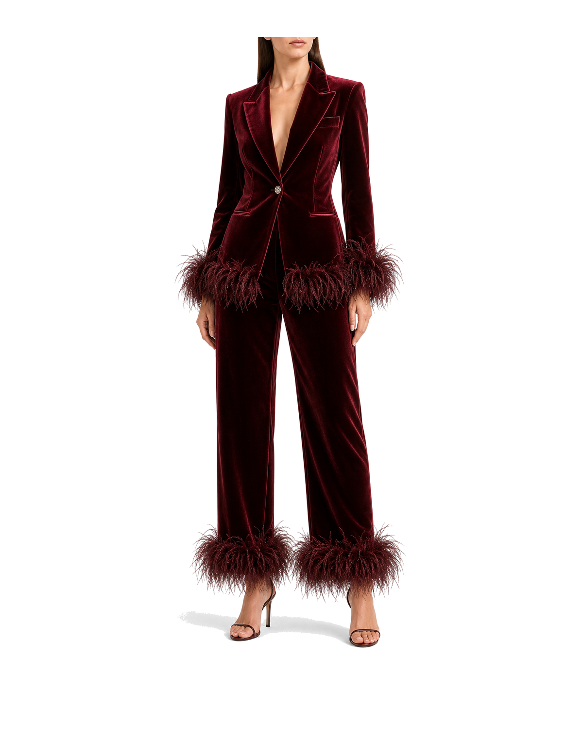 Burgundy Velvet Feather Suit Set