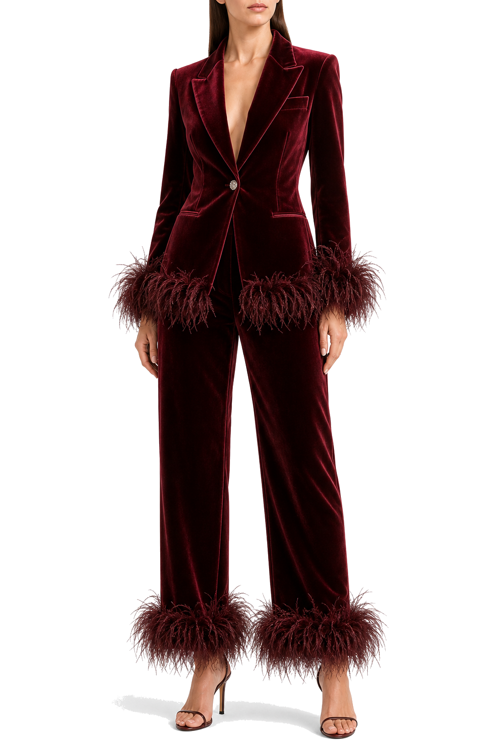 Burgundy Velvet Feather Suit Set