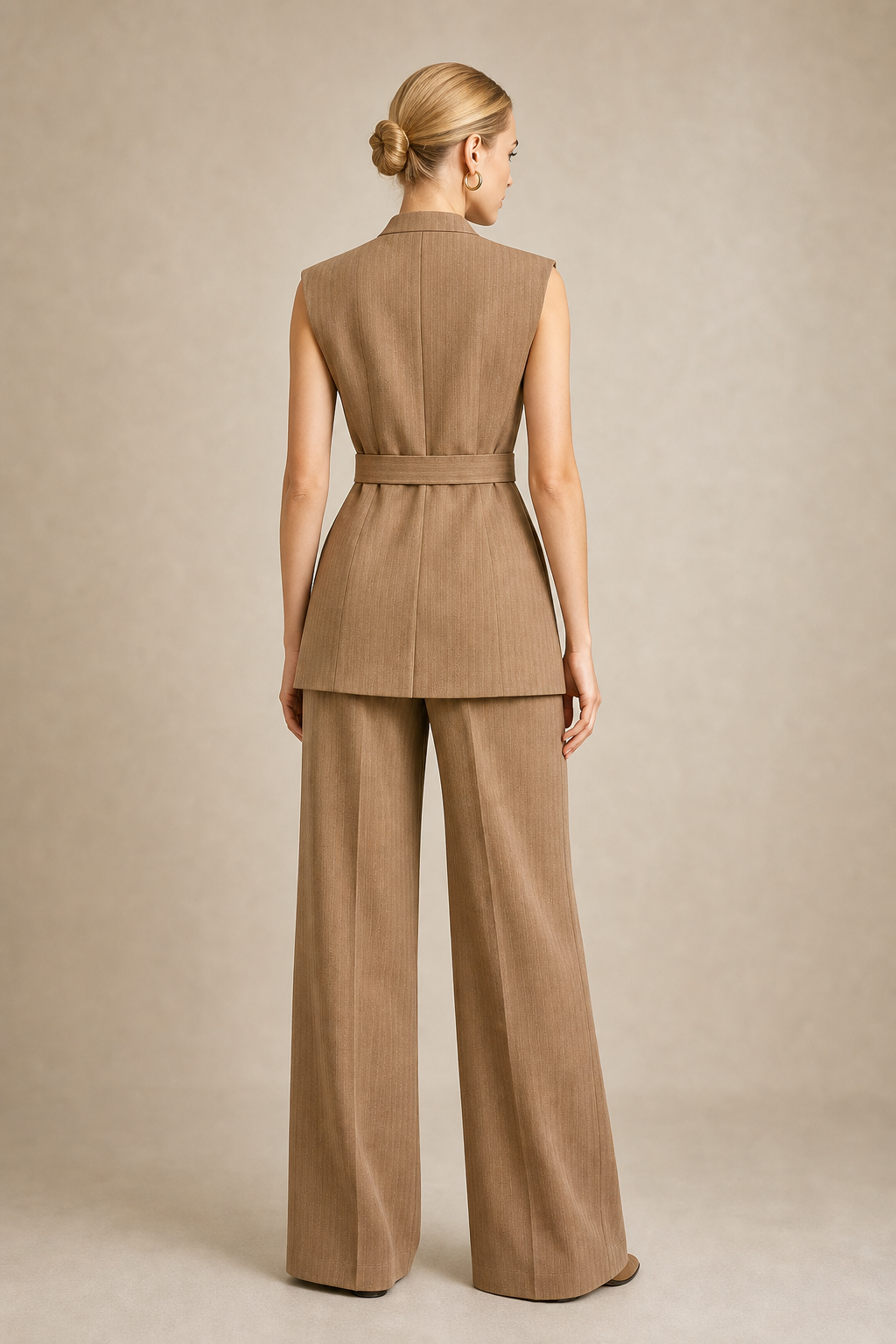 Camel Belted Vest Set